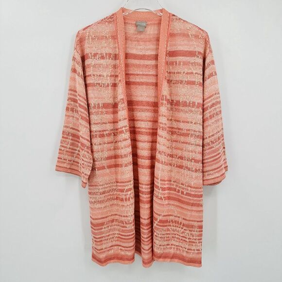 Chico's Size 1 Medium Pink Striped Open Front Embroidered Cardigan Sweater - Picture 1 of 8